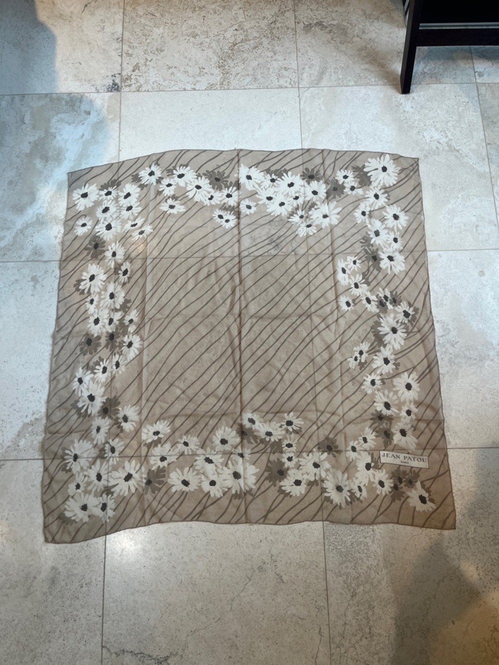 Vintage Jean Patou Paris Floral Scarf in Taupe & White